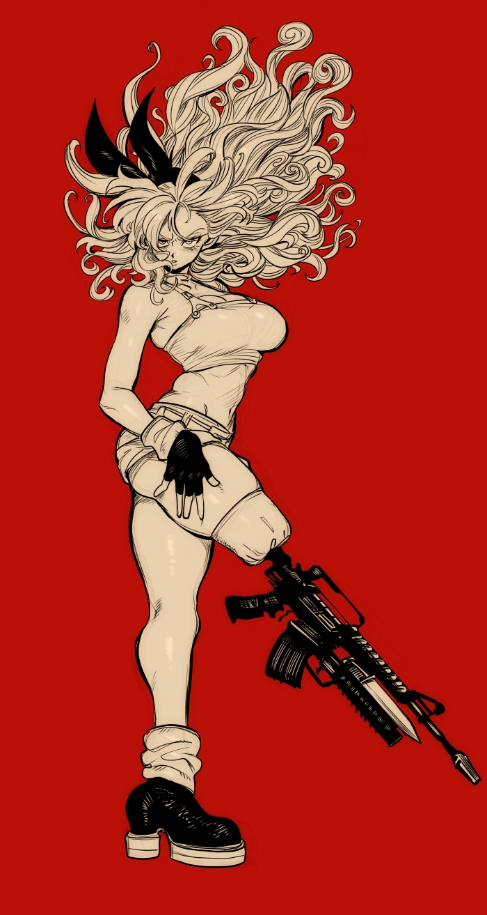 1girl amputee bow breasts cleavage crop_top curly_hair dragon_ball dragon_ball_(classic) fingerless_gloves floating_hair from_side full_body gloves greyscale_with_colored_background gun hair_bow hairband highres large_breasts long_hair looking_at_viewer lunch_(bad)_(dragon_ball) lunch_(dragon_ball) nanika_(nnkgh) planet_terror prosthesis red_background shorts solo translation_request weapon