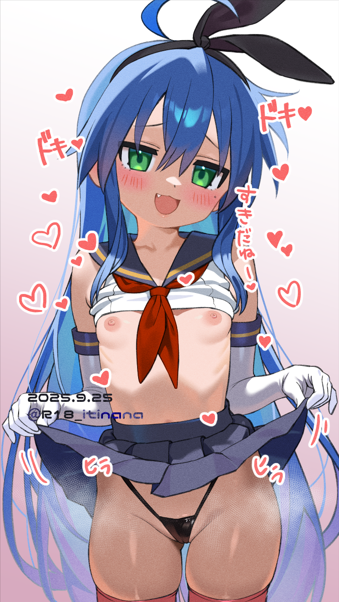 1girl ahoge black_panties blue_eyes blue_sailor_collar blue_skirt blush clothes_lift cosplay cowboy_shot dated gloves green_eyes hair_between_eyes highres itinana izumi_konata kantai_collection lifting_own_clothes loli long_hair looking_at_viewer lucky_star mole mole_under_eye neckerchief nipples open_mouth panties pleated_skirt red_neckerchief sailor_collar shimakaze_(kancolle) shimakaze_(kancolle)_(cosplay) shirt shirt_lift skirt skirt_lift smile solo thighhighs twitter_username underwear very_long_hair white_gloves white_shirt