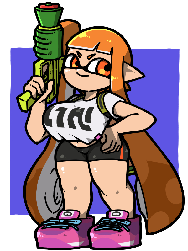 1girl bike_shorts black_shorts breasts closed_mouth full_body hand_on_own_hip ink_tank_(splatoon) inkling inkling_girl inkling_player_character large_breasts long_hair name_omoitukan2 navel nintendo orange_eyes orange_hair pink_shoes pointy_ears shiny_skin shirt shoes short_sleeves shorts smile solo splatoon_(series) splattershot_(splatoon) standing tentacle_hair thick_lineart white_shirt