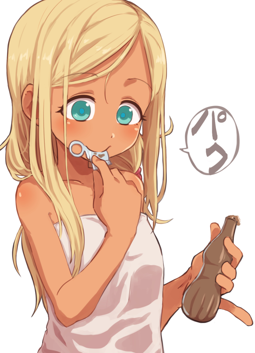 1girl bare_shoulders blonde_hair blue_eyes blush camisole clip_studio_paint_(medium) dark-skinned_female dark_skin food gazacy_(dai) highres ice_cream idolmaster idolmaster_cinderella_girls layla_(idolmaster) long_hair papico_(ice_cream) smile solo upper_body