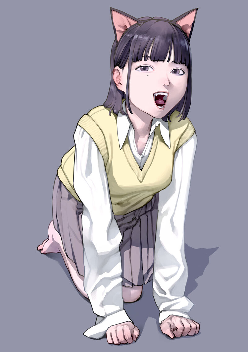 1girl all_fours animal_ear_hairband animal_ears barefoot blunt_bangs breasts cat_ears collared_shirt fake_animal_ears feet grey_background grey_eyes grey_skirt hairband inamitsu_shinji kneeling long_sleeves looking_at_viewer medium_breasts medium_hair mole mole_under_eye open_mouth original paid_reward_available pleated_skirt school_uniform shirt skirt soles solo sweater teeth tongue white_shirt yellow_sweater