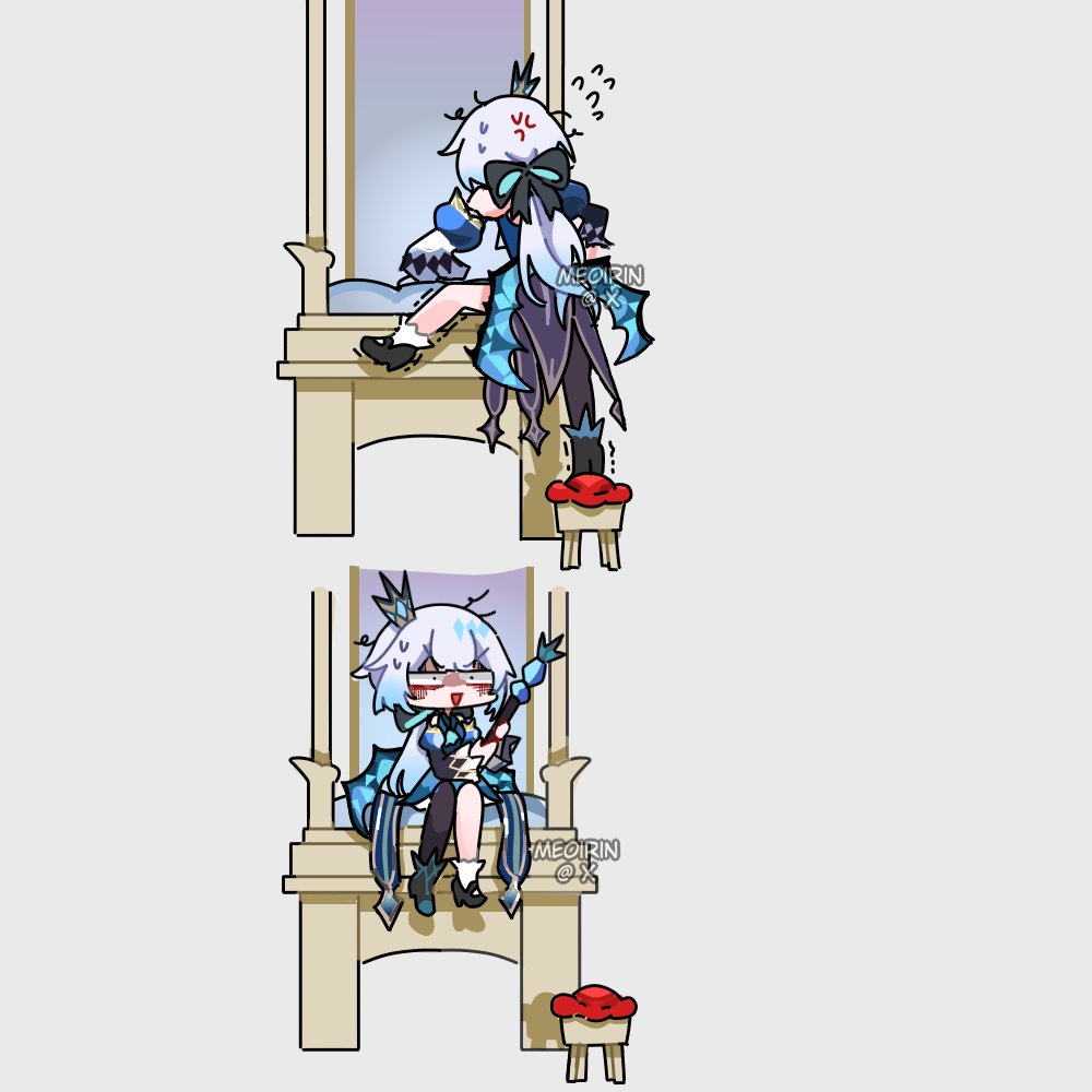 1girl 2000ksmii anger_vein artist_name asymmetrical_legwear bare_shoulders black_bow blue_dress blue_hair borderless_panels bow cerydra_(honkai:_star_rail) commentary crown detached_sleeves dress english_commentary flying_sweatdrops grey_background grey_hair hair_bow holding holding_scepter honkai:_star_rail honkai_(series) long_hair mini_crown mismatched_legwear ponytail scepter simple_background sitting_on_throne stool throne trembling