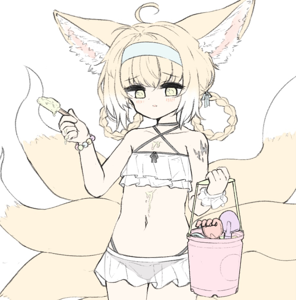1girl ahoge alternate_costume animal_ear_fluff animal_ears arknights bikini black_bikini blonde_hair blue_hairband blush bracelet bucket cowboy_shot dripping food food_on_body fox_ears fox_girl fox_tail green_eyes hair_rings hairband jewelry jokebag material_growth melting multiple_tails navel oripathy_lesion_(arknights) popsicle see-through_clothes single_wrist_cuff solo suzuran_(arknights) swimsuit tail white_bikini wrist_cuffs