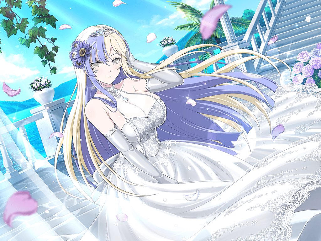 1girl adjusting_hair arm_up armpit_crease banister bare_shoulders blonde_hair blue_flower blue_hair blue_sky blunt_bangs blunt_ends blush bouquet bow breasts bride center_frills choker cleavage cloud cobblestone collarbone column day dress elbow_gloves facial_tattoo falling_petals floating_hair floral_print floral_print_dress flower frilled_dress frills gem gloves grey_eyes hair_flower hair_ornament hand_in_own_hair ivy jewelry lace lace-trimmed_dress lace-trimmed_gloves lace_trim large_breasts leaf lens_flare light_particles light_rays long_hair looking_at_viewer mountain mountainous_horizon multicolored_hair ocean official_alternate_costume official_art palm_leaf palm_tree petals pillar plant potted_plant print_dress purple_flower purple_petals purple_rose rose see-through_cleavage see-through_clothes see-through_dress senran_kagura senran_kagura_new_link shiny_skin sky smile solo sparkle stairs standing suiren_(senran_kagura) sunbeam sunflower sunflower_hair_ornament sunlight tattoo tiara tree two-tone_hair very_long_hair vines waist_bow water wedding_dress white_bow white_choker white_dress white_flower white_gloves white_rose yaegashi_nan