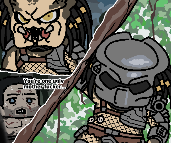 1boy alien black_hair commentary dreadlocks dutch_(predator) english_text fangs helmet jazz_jack long_hair looking_at_viewer predator_(1987) predator_(character) predator_(series) profanity short_hair source_quote tagme