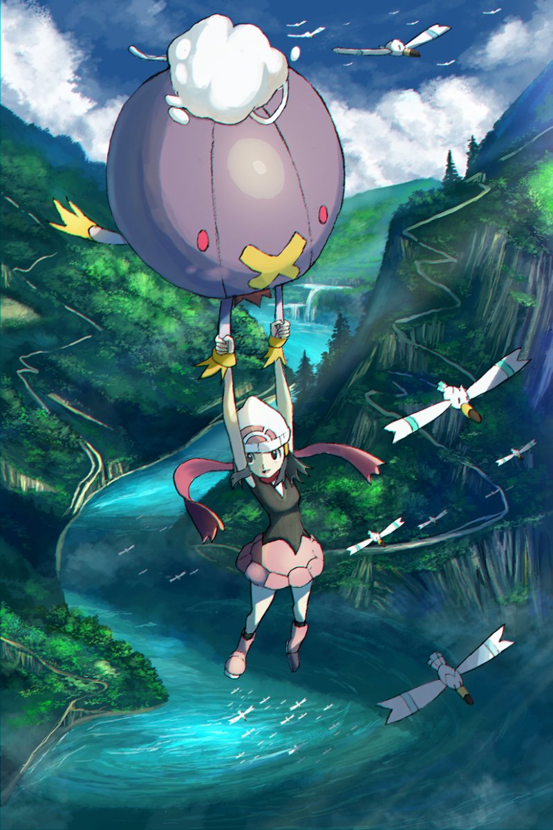 1girl bad_id bad_twitter_id beanie black_hair black_legwear boots cloud commentary_request dawn_(pokemon) day drifblim floating_scarf flying from_above gen_3_pokemon gen_4_pokemon hair_ornament hairclip hanging hat highres long_hair looking_to_the_side nintendo open_mouth outdoors pink_boots pokemon pokemon_(creature) pokemon_dppt rowdon scarf sky white_headwear wingull