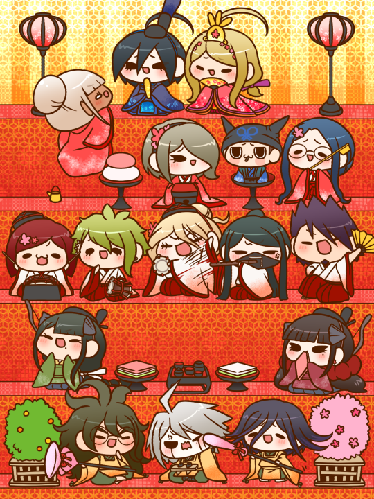 6+boys 6+girls :3 afterimage ahoge akamatsu_kaede alternate_costume amami_rantaro android anger_vein animal_ears annoyed antenna_hair barefoot beanie black-framed_eyewear black_eyes black_hair black_hairband black_hakama black_hat black_jacket black_kimono black_mask black_robe blonde_hair blue_hair blue_kimono blunt_ends blush_stickers bob_cut bow brown_footwear brown_hair cat_ears cat_tail chabashira_tenko cherry_blossom_print chibi cigarette climbing closed_mouth commentary_request covered_mouth crossed_legs cup danganronpa:_trigger_happy_havoc danganronpa_(series) dark-skinned_female dark_skin drum drumsticks ear_piercing earrings eating everyone eyelashes facial_hair fake_horns floral_print flower flute folded_fan folding_fan food furrowed_brow glasses goatee gokuhara_gonta green_hair green_hakama green_robe grey_hair hair_between_eyes hair_bow hair_bun hair_flower hair_ornament hair_scrunchie hairband hairpin hakama half-closed_eyes hand_fan hand_on_own_chin haori happy harukawa_maki hat holding holding_drumsticks holding_fan holding_flute holding_food holding_instrument holding_tray horned_headwear horns hoshi_ryoma instrument iruma_miu jacket japanese_clothes jewelry k1-b0 kariginu kataginu kimono kneeling light_blush long_hair long_sleeves looking_at_another low_ponytail low_twintails mask messy_hair mole mole_under_eye mole_under_mouth momota_kaito motion_lines mouth_hold mouth_mask multiple_boys multiple_girls multiple_piercings music object_request oma_kokichi on_one_knee on_stool one_eye_closed open_mouth outstretched_arm pale_skin paper piercing pink_flower pink_robe plant playing_instrument poking ponytail potted_plant purple_bow purple_hair red_hair red_hakama red_robe red_scrunchie robe round_eyewear saihara_shuichi scrunchie seiza shinguji_korekiyo shirogane_tsumugi shoes short_hair short_hair_with_long_locks short_kimono single_hair_bun sitting sleeves_past_fingers sleeves_past_wrists smile socks solid_oval_eyes spiked_hair stud_earrings taiko_drum tail tambourine tate_eboshi teapot tojo_kirumi tray twintails v-shaped_eyebrows very_long_hair wavy_mouth white_bow white_eyes white_hair white_kimono white_socks wide_sleeves yellow_hat yellow_robe yonaga_angie yumaru_(marumarumaru) yumeno_himiko yunomi zipper zipper_pull_tab
