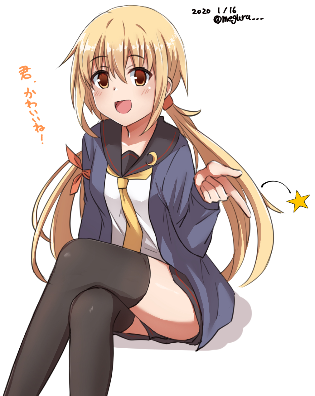 1girl armband black_sailor_collar black_thighhighs blonde_hair blue_jacket commentary_request crescent crescent_pin crossed_legs dated feet_out_of_frame female_focus highres invisible_chair jacket kantai_collection long_hair looking_at_viewer low_twintails meguru_(megurunn) neckerchief necktie one-hour_drawing_challenge sailor_collar satsuki_(kancolle) satsuki_kai_ni_(kancolle) school_uniform serafuku simple_background sitting smile solo star_(symbol) thighhighs translated twintails twitter_username white_background yellow_eyes yellow_neckwear