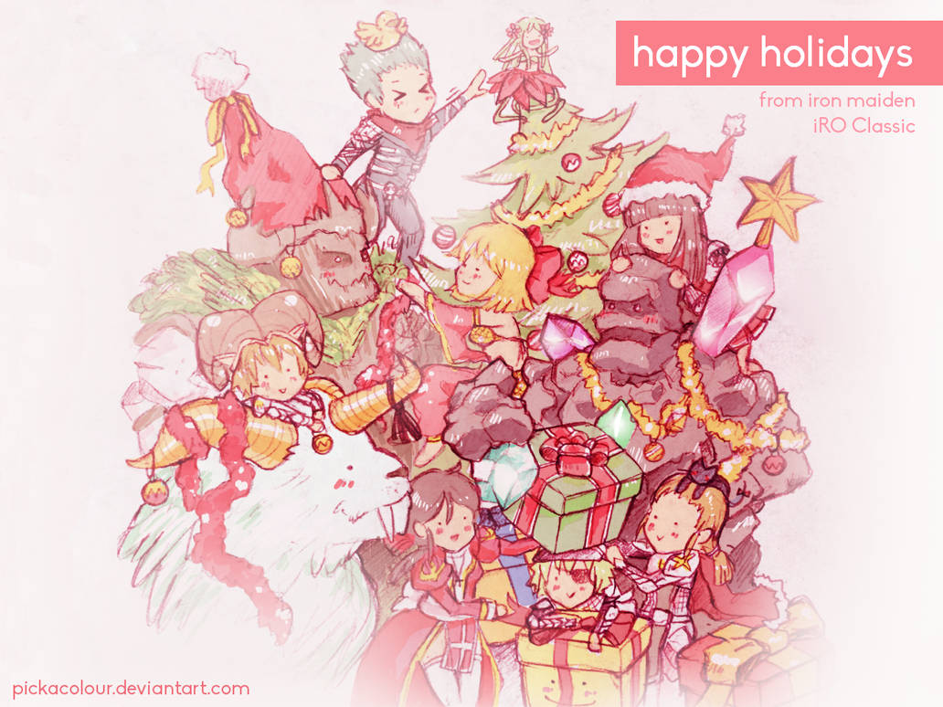 &gt;_&lt; 4boys 4girls alraune armor assassin_cross_(ragnarok_online) bikini black_pants black_shirt blonde_hair blunt_bangs bow bradium_golem breastplate brown_hair brown_horns cape chibi chibi_only christmas christmas_tree closed_mouth commentary cowboy_shot creator_(ragnarok_online) cross crystal detached_sleeves dress english_commentary eyepatch fur-trimmed_headwear fur_trim golem green_hair gypsy_(ragnarok_online) hair_bow happy_holidays hat high_priest_(ragnarok_online) hillslion horns juliet_sleeves long_hair long_sleeves lord_knight_(ragnarok_online) monster_girl multiple_boys multiple_girls open_mouth pants pauldrons pickacolour pinguicula pink_sleeves plant_girl puffy_sleeves ragnarok_online red_bow red_cape red_dress red_hat red_scarf royal_guard_(ragnarok_online) rune_knight_(ragnarok_online) santa_hat scarf shirt short_hair shoulder_armor smile swimsuit thighhighs tree white_background white_thighhighs yellow_bikini