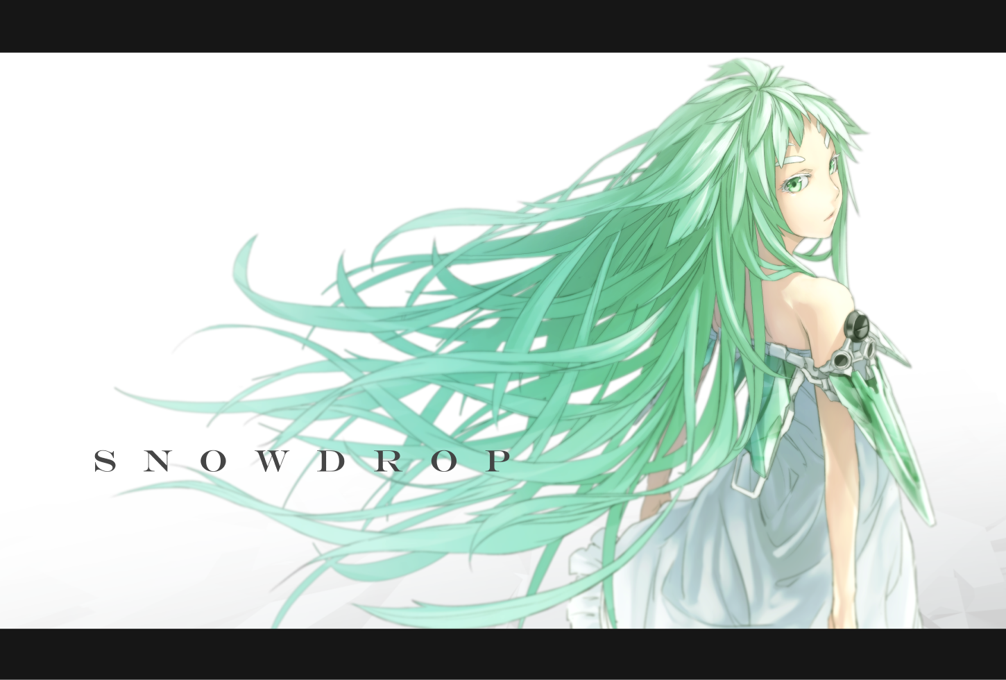 android arms_at_sides bare_shoulders beatless character_name device dress floating_hair four_eyebrows frilled_dress frills gradient_background green_eyes green_hair grey_background long_hair looking_back mecha_musume off-shoulder_dress off_shoulder simple_background snowdrop_(beatless) standing sugi_214 very_long_hair white_background