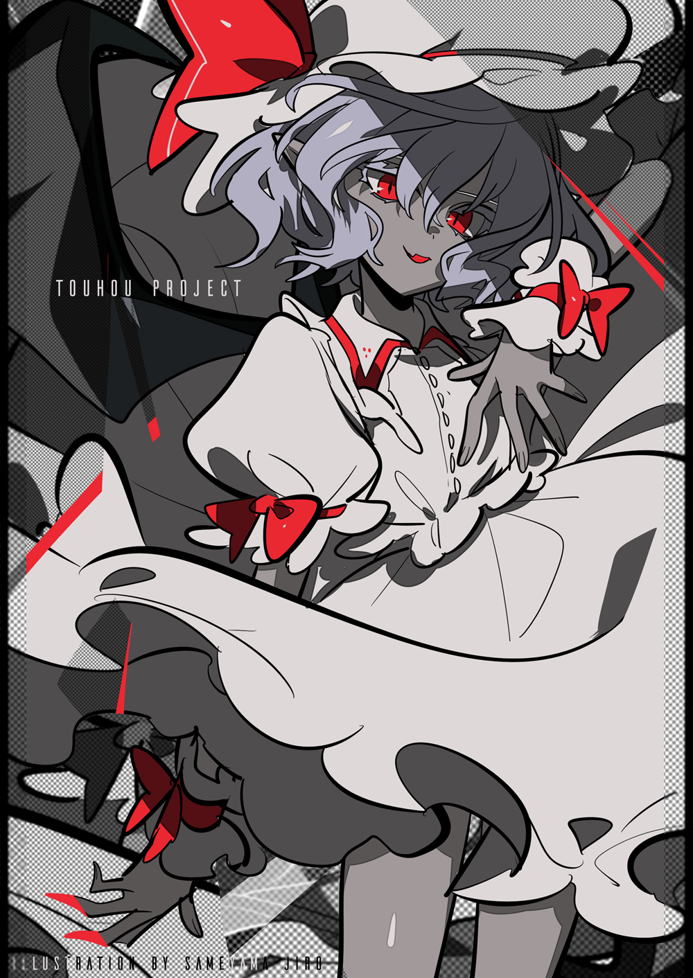 1girl artist_name bat_wings copyright_name dress fang hat highres looking_at_viewer mob_cap monochrome puffy_short_sleeves puffy_sleeves red_eyes remilia_scarlet sameyama_jiro short_hair short_sleeves skin_fang slit_pupils solo spot_color touhou wings wrist_cuffs