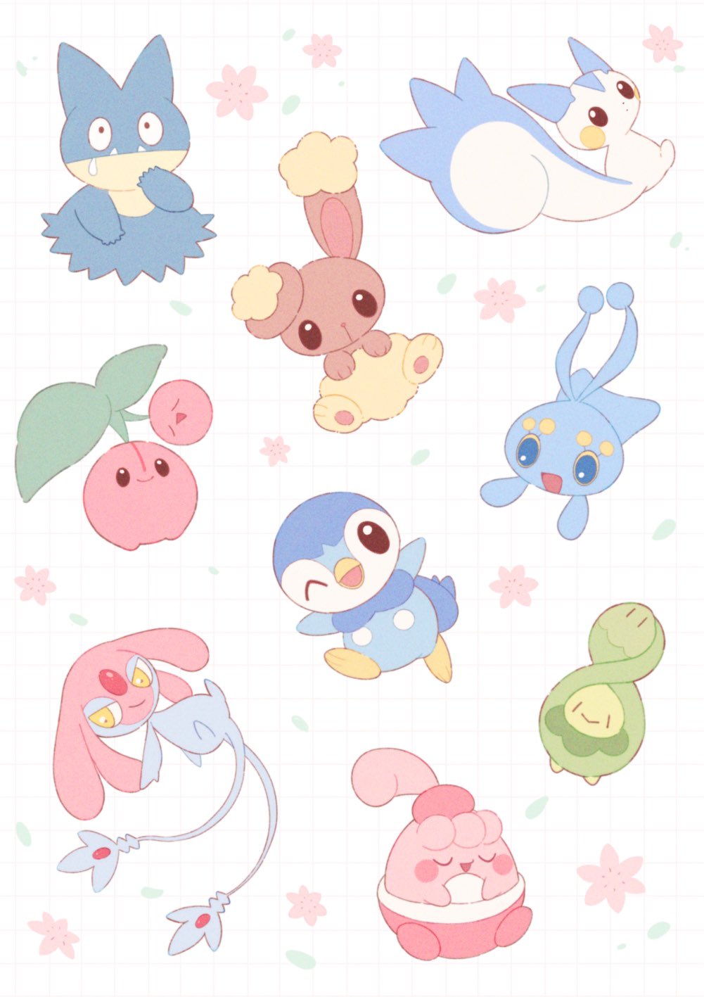 antennae appyon_(archangel_ayp) blue_eyes brown_eyes budew buneary cherubi colored_sclera drooling fangs flower forehead_jewel full_body game_freak gen_4_pokemon happiny highres legendary_pokemon looking_back manaphy mesprit multiple_tails munchlax mythical_pokemon nintendo no_humans pachirisu petals piplup pokemon pokemon_(creature) sitting smile tail two_tails yellow_eyes yellow_sclera