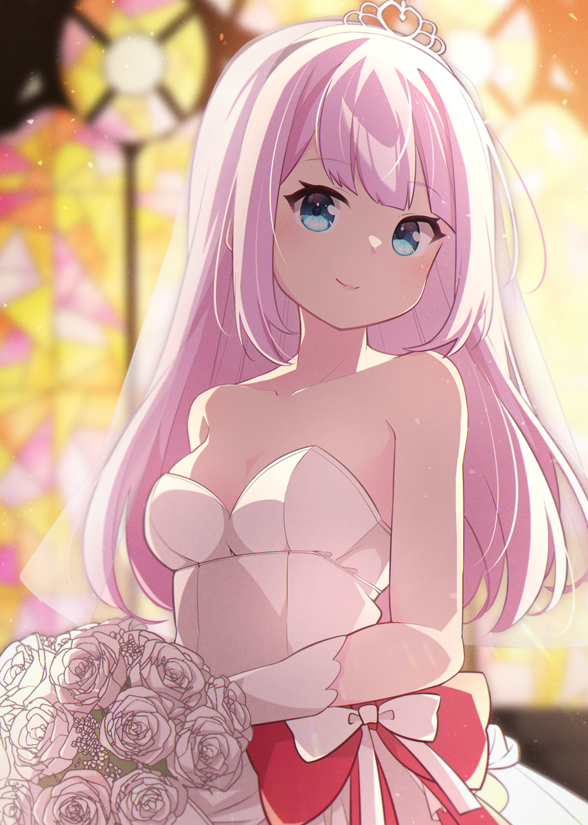 1girl assault_lily bare_shoulders blue_eyes blunt_bangs blurry blurry_background bouquet breasts bridal_veil bride closed_mouth collarbone commentary_request commission dress flower gloves hair_down highres holding holding_bouquet indoors long_hair looking_at_viewer medium_breasts morugen pink_hair rose sadamori_himeka skeb_commission smile solo stained_glass standing strapless strapless_dress tiara upper_body veil wedding_dress white_dress white_flower white_gloves white_rose