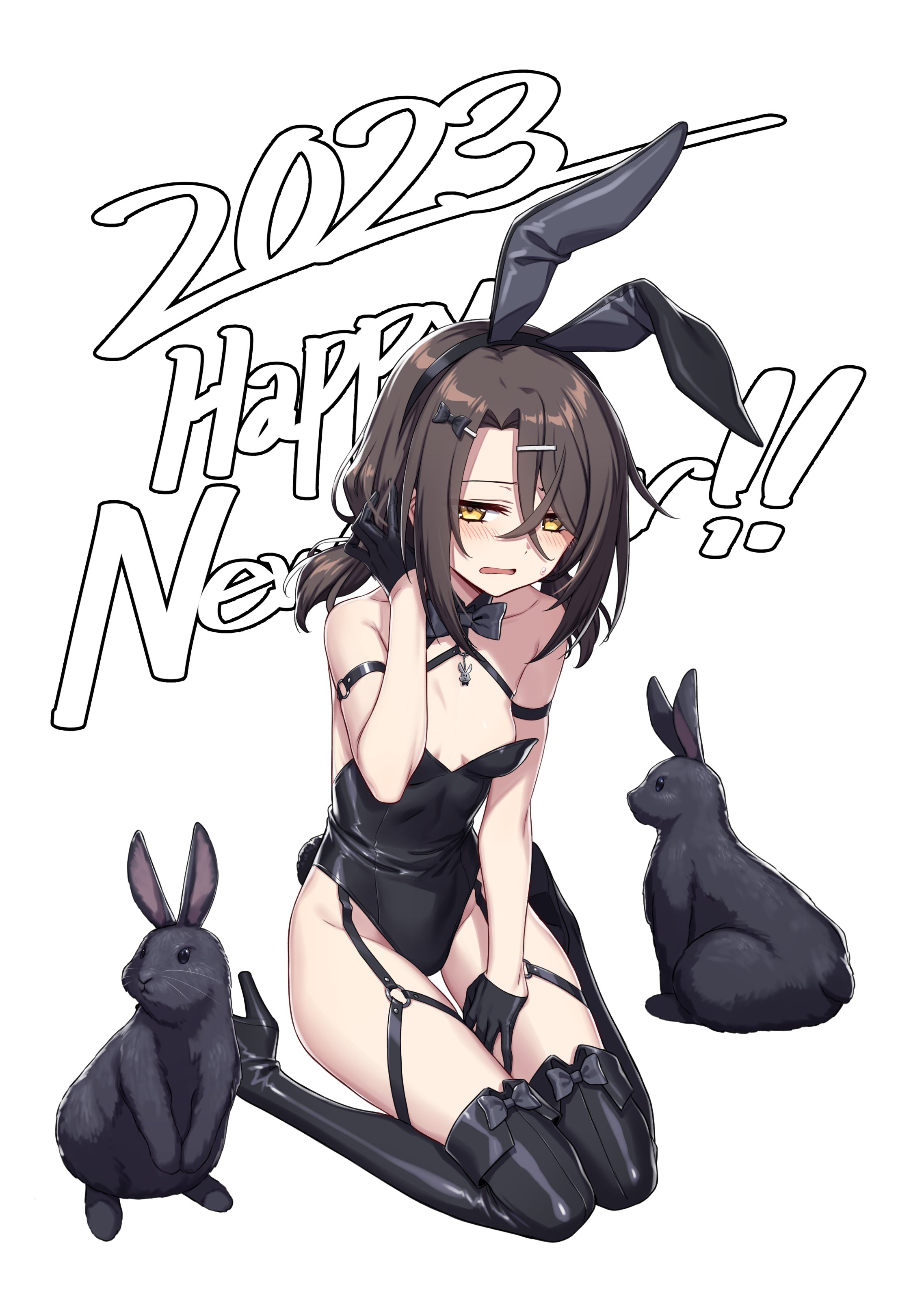 1girl absurdres alternate_costume animal_ears bare_shoulders black_gloves breasts brown_hair christina_brecht cleavage collarbone counter:side fake_animal_ears gloves hair_ornament hairclip highres leotard new_year playboy_bunny rabbit rabbit_ears small_breasts supernew yellow_eyes