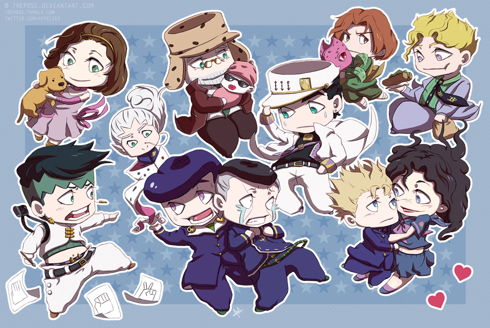 7repose arnold_(jojo) baby bad_id bad_pixiv_id chibi diamond_wa_kudakenai dice dog food formal_clothes gakuran hat hazekura_mikitaka heart higashikata_josuke hirose_koichi jojo_no_kimyou_na_bouken joseph_joestar joseph_joestar_(old) kawajiri_hayato kira_yoshikage kishibe_rohan kuujou_joutarou male_focus nijimura_okuyasu paper plant potted_plant sandwich school_uniform shizuka_joestar stray_cat_(jojo) sugimoto_reimi suit yamagishi_yukako