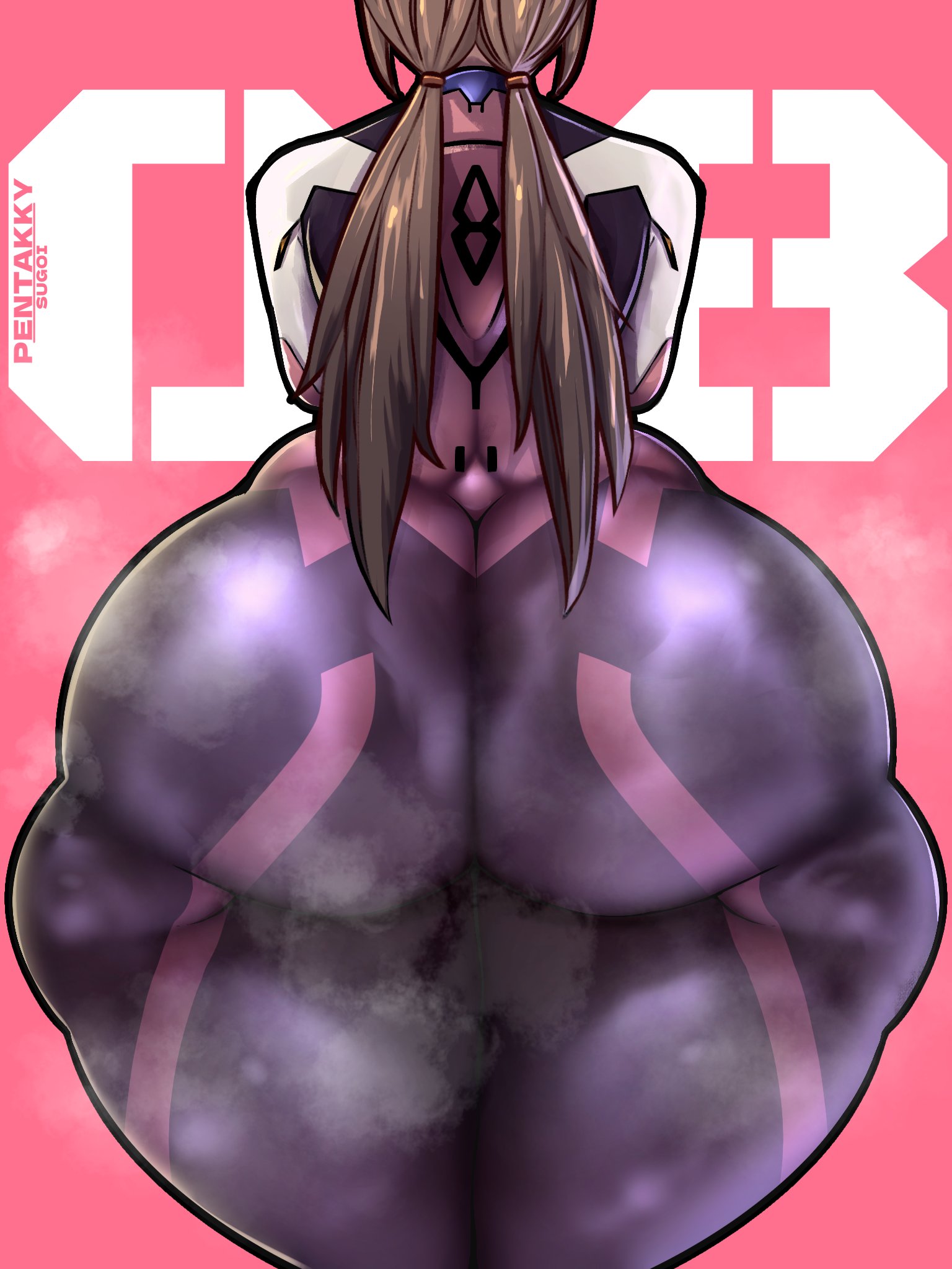 1girl artist_name ass ass_focus bodysuit brown_hair evangelion:_3.0_you_can_(not)_redo highres huge_ass makinami_mari_illustrious mecha_pilot_suit neon_genesis_evangelion pentakky-sugoi plugsuit_(evangelion) rebuild_of_evangelion skin_tight solo thick_thighs thighs twintails wide_hips