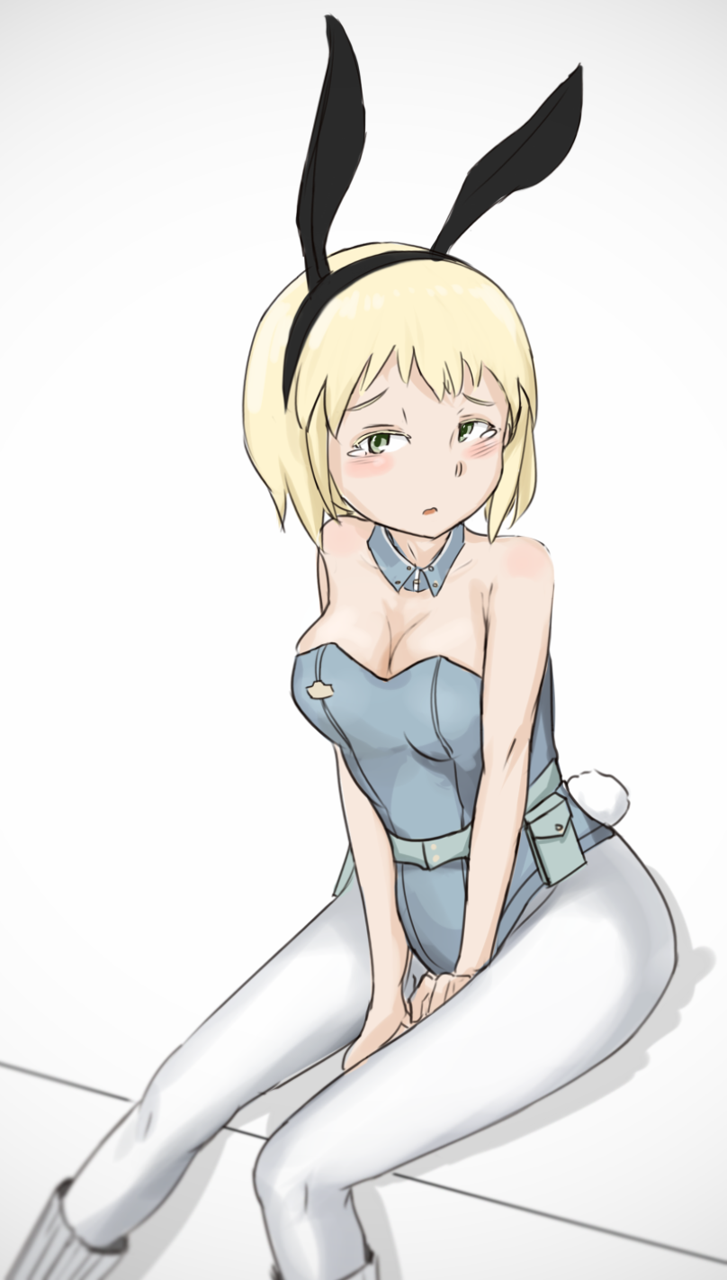 1girl animal_ears bad_id bad_pixiv_id blonde_hair blush breasts cleavage collar elma_leivonen fake_animal_ears female_focus gradient_background green_eyes highres leotard pantyhose playboy_bunny rabbit_ears rabbit_tail short_hair solo strike_witches strike_witches:_suomus_misfits_squadron tail tearing_up tears ukedachi world_witches_series