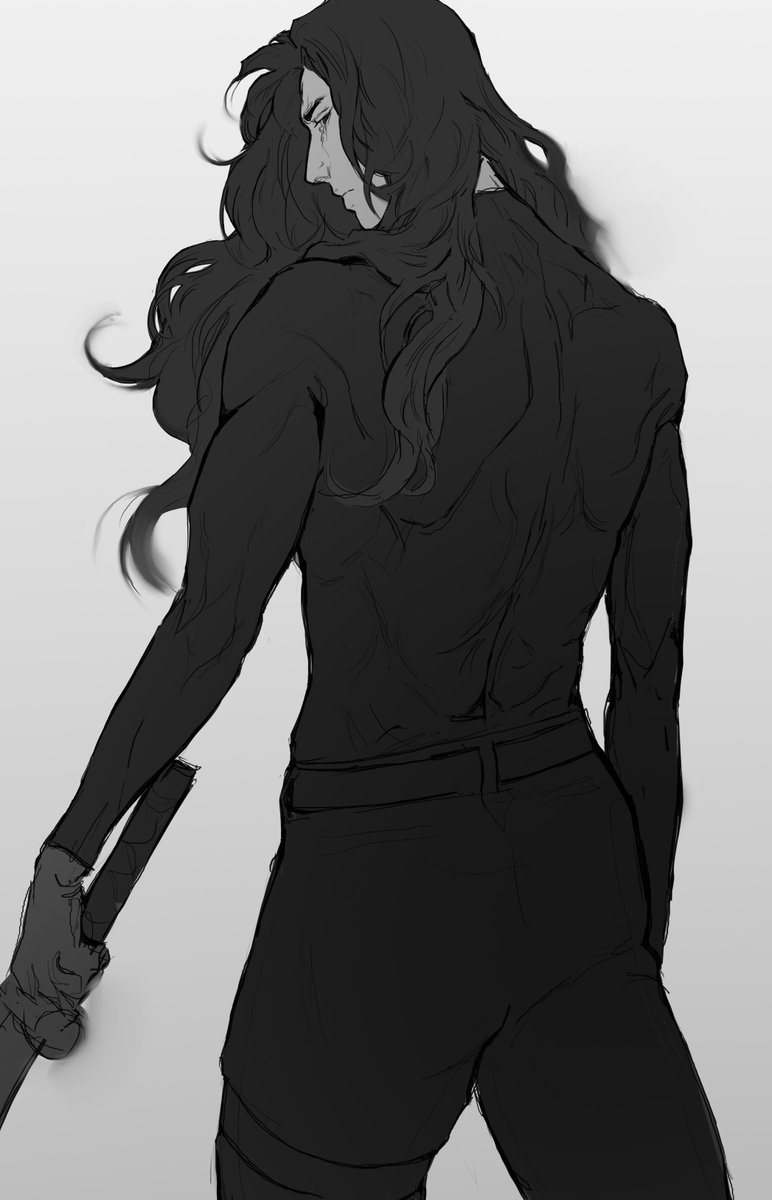 1girl :| ass black_eyes black_hair closed_mouth cowboy_shot crew_neck from_behind genderswap genderswap_(mtf) highres holding holding_sword holding_weapon long_hair looking_back macaronijail omniscient_reader&#039;s_viewpoint solo sword wavy_hair weapon white_background yoo_joonghyuk