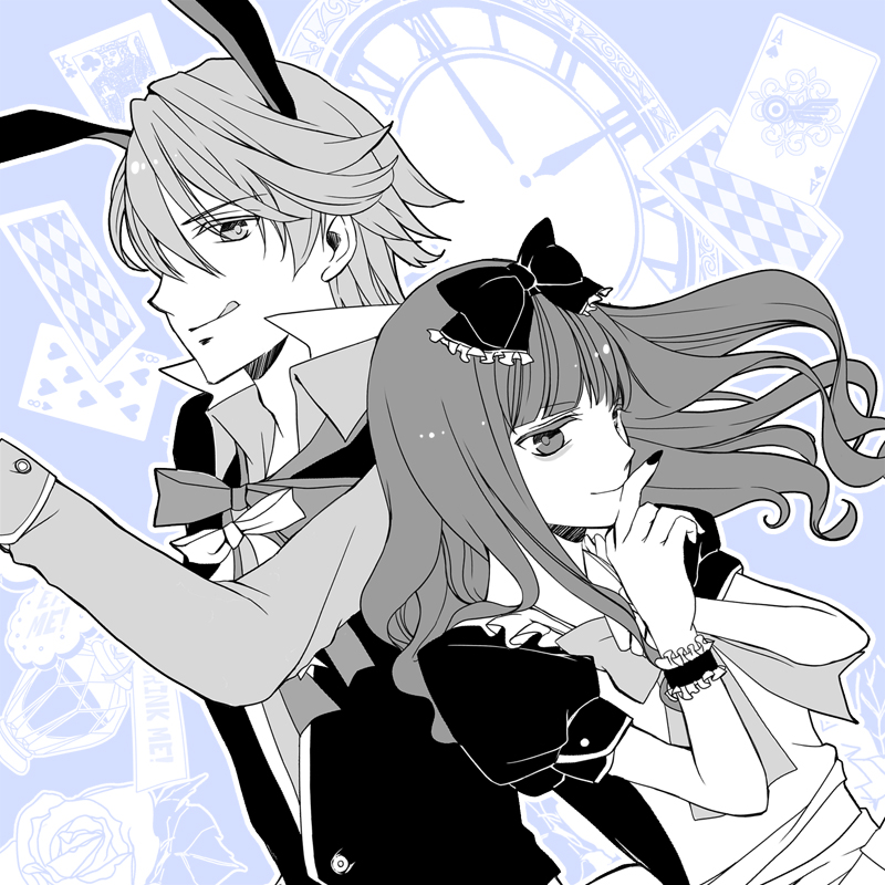 1boy 1girl ace_(playing_card) alice_(alice_in_wonderland) alice_(alice_in_wonderland)_(cosplay) alice&#039;s_adventures_in_wonderland animal_ears ark41500 bad_id bad_pixiv_id blue_theme bow card clock cosplay hair_bow heart_card kamen_rider kamen_rider_fourze_(series) kemonomimi_mode long_hair monochrome nail_polish nozama_tomoko playing_card rabbit_ears sakuta_ryuusei smile spade spades_card tongue tongue_out white_rabbit_(alice_in_wonderland) white_rabbit_(cosplay)