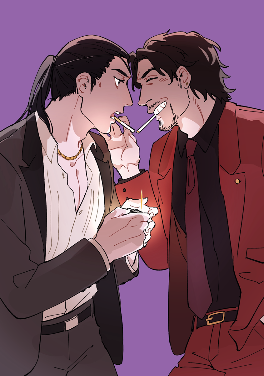 2boys belt black_belt black_hair black_jacket black_pants black_shirt black_suit buttoned_cuffs buttons chain chain_necklace cho_(chorion) cigarette cigarette_kiss closed_eyes collared_shirt dress_pants earrings facial_hair facing_another forehead-to-forehead formal_clothes from_side gold_necklace grin hand_on_another&#039;s_shoulder heads_together highres jacket jewelry lapels layered_sleeves long_hair majima_goro male_focus multiple_boys necklace necktie nishitani_homare open_collar open_mouth pants partially_unbuttoned ponytail purple_background purple_necktie red_jacket red_pants ryuu_ga_gotoku_(series) ryuu_ga_gotoku_0 shirt short_hair smile suit suit_jacket upper_body very_long_hair white_shirt