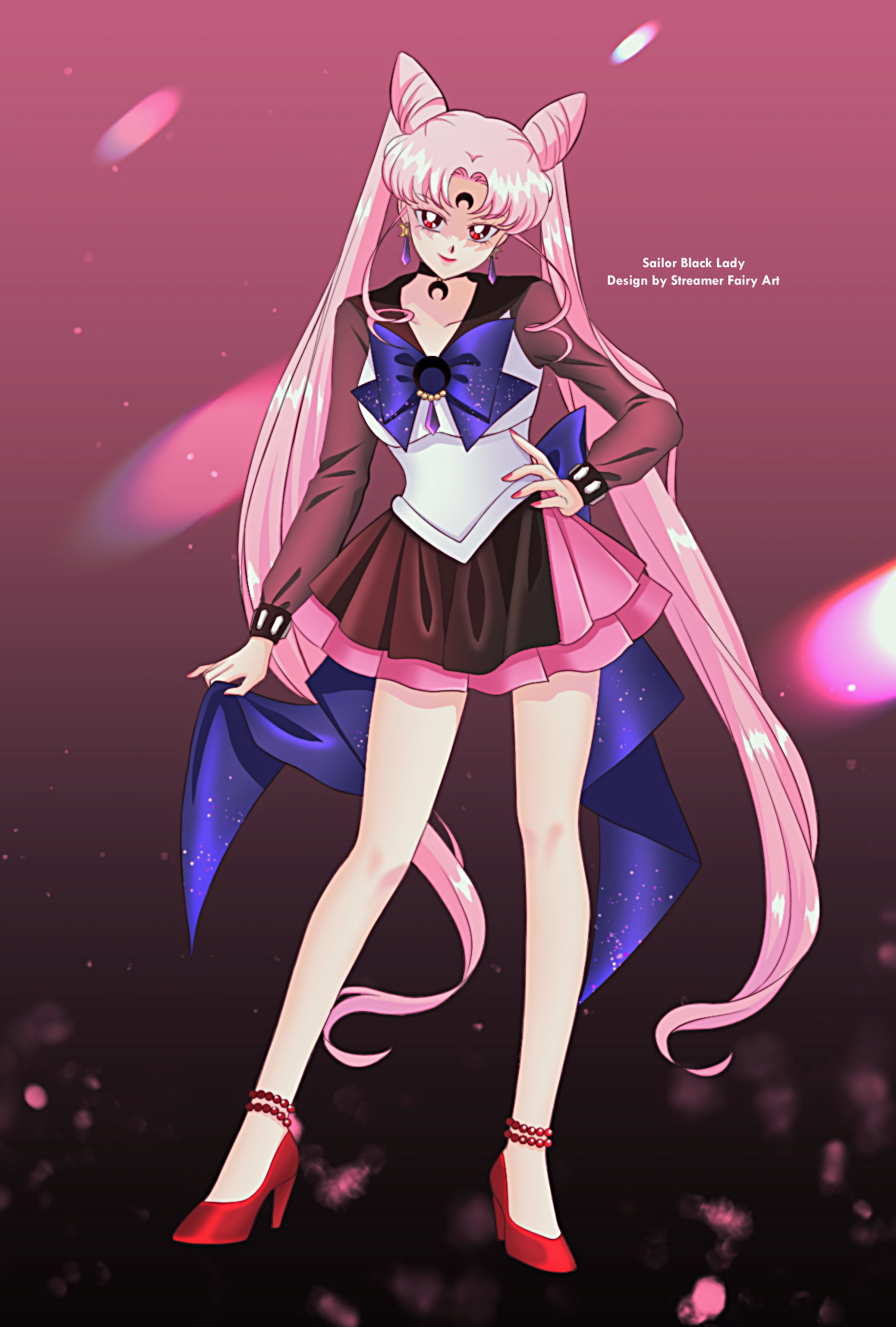 adapted_costume aged_up anklet bishoujo_senshi_sailor_moon bishoujo_senshi_sailor_moon_r black_lady_(sailor_moon) black_sailor_collar breasts chibi_usa choker cone_hair_bun crescent crescent_facial_mark crystal_earrings dark_persona double_bun earrings facial_mark forehead_mark hair_bun high_heels highres jewelry koya lipstick long_hair looking_at_viewer makeup medium_breasts pink_hair pink_sailor_collar red_footwear sailor_chibi_moon sailor_collar sailor_senshi_uniform shoes smile very_long_hair