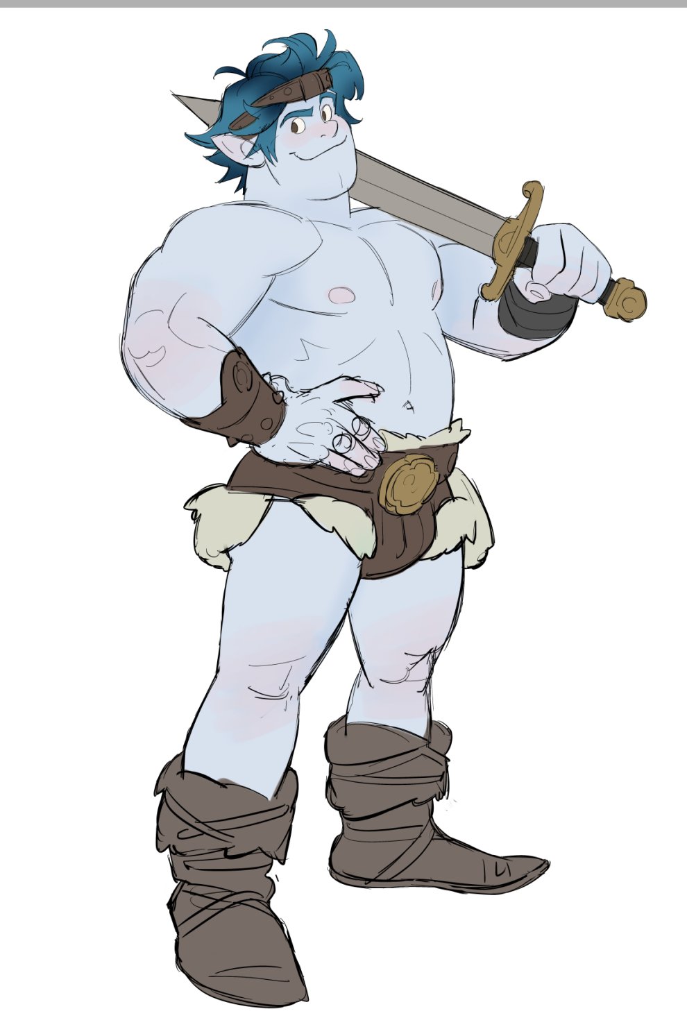 1boy bara barley_lightfoot belly blue_hair blue_skin blush colored_skin forehead_protector full_body hand_on_own_hip highres holding holding_sword holding_weapon horikwawataru loincloth looking_to_the_side male_focus muscular muscular_male nipples onward over_shoulder pectorals pointy_ears short_hair smile solo sword sword_over_shoulder thick_eyebrows topless_male weapon weapon_over_shoulder