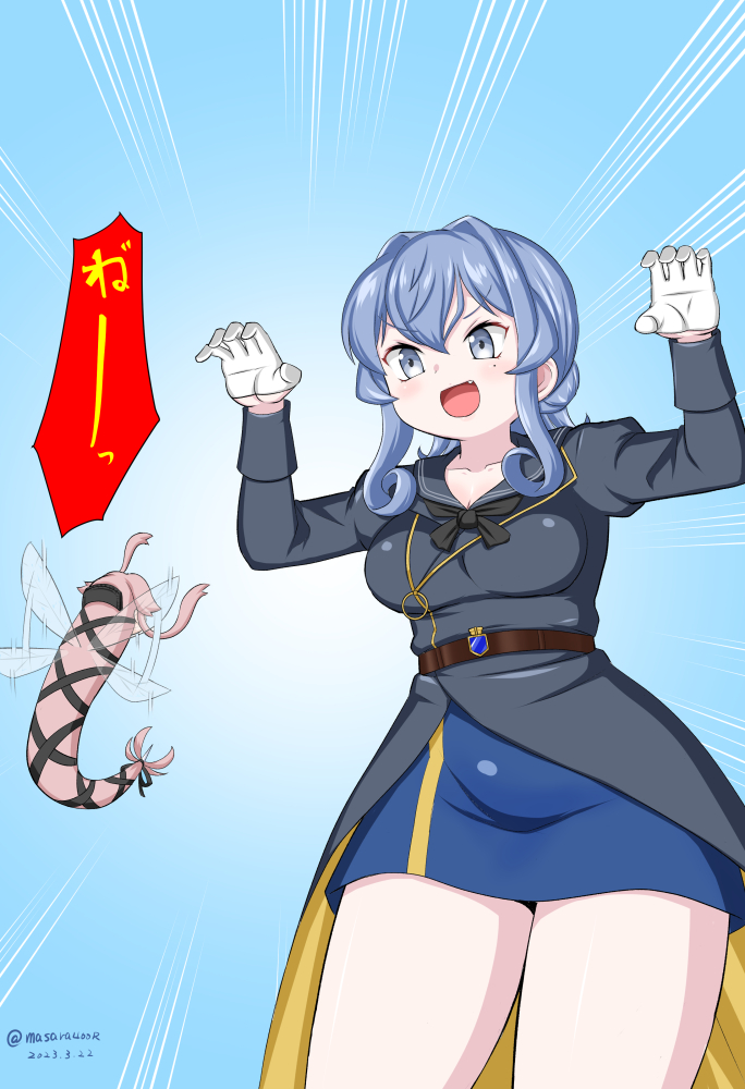 1girl belt black_neckerchief blue_eyes blue_hair blue_sailor_collar coat gloves gotland_(kancolle) kantai_collection masara_(chuujou) military military_uniform mole mole_under_eye neckerchief open_mouth overcoat pink_hair sailor_collar simple_background skirt white_gloves yura_(kancolle) yura_(snake)