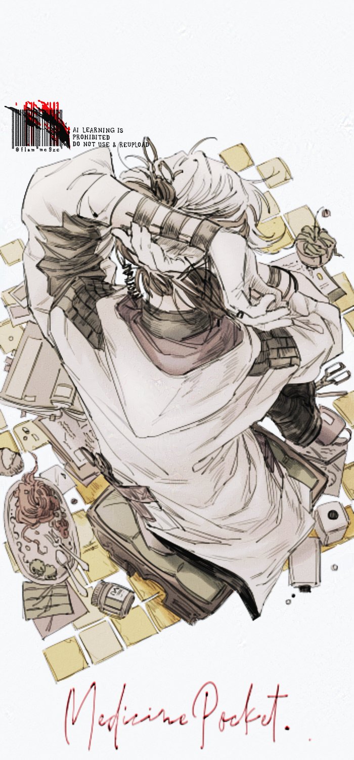 1other arms_behind_head arms_up bento boots character_name coat facing_away from_above from_behind full_body gloves gyujik_qzc highres medicine_pocket plant potted_plant reverse:1999 sitting solo white_background white_coat white_gloves white_hair