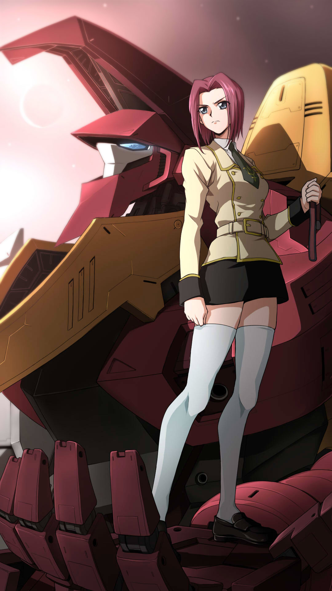1girl ashford_academy_school_uniform belt belt_buckle black_skirt blue_eyes brown_shoes buckle code_geass collared_shirt full_body green_necktie guren_(code_geass) guren_mk-ii hair_intakes highres jacket kouzuki_kallen laofuzi_dai_bansho loafers long_sleeves mecha miniskirt necktie red_hair robot school_uniform shirt shoes short_hair skirt solo thighhighs white_thighhighs wing_collar zettai_ryouiki