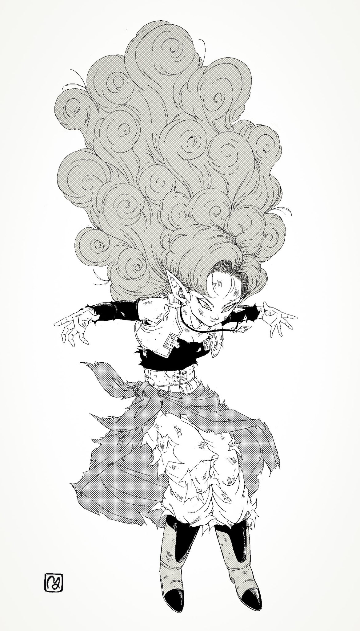 1girl big_hair boots breasts cleavage commentary_request cropped_vest curly_hair detached_sleeves dragon_ball dragonball_z floating floating_clothes floating_hair full_body greyscale halftone highres jewelry long_hair looking_ahead medium_breasts monochrome necklace open_hands pointy_ears scratches signature solo torn_clothes very_long_hair vest white_background y_man_07 zangya
