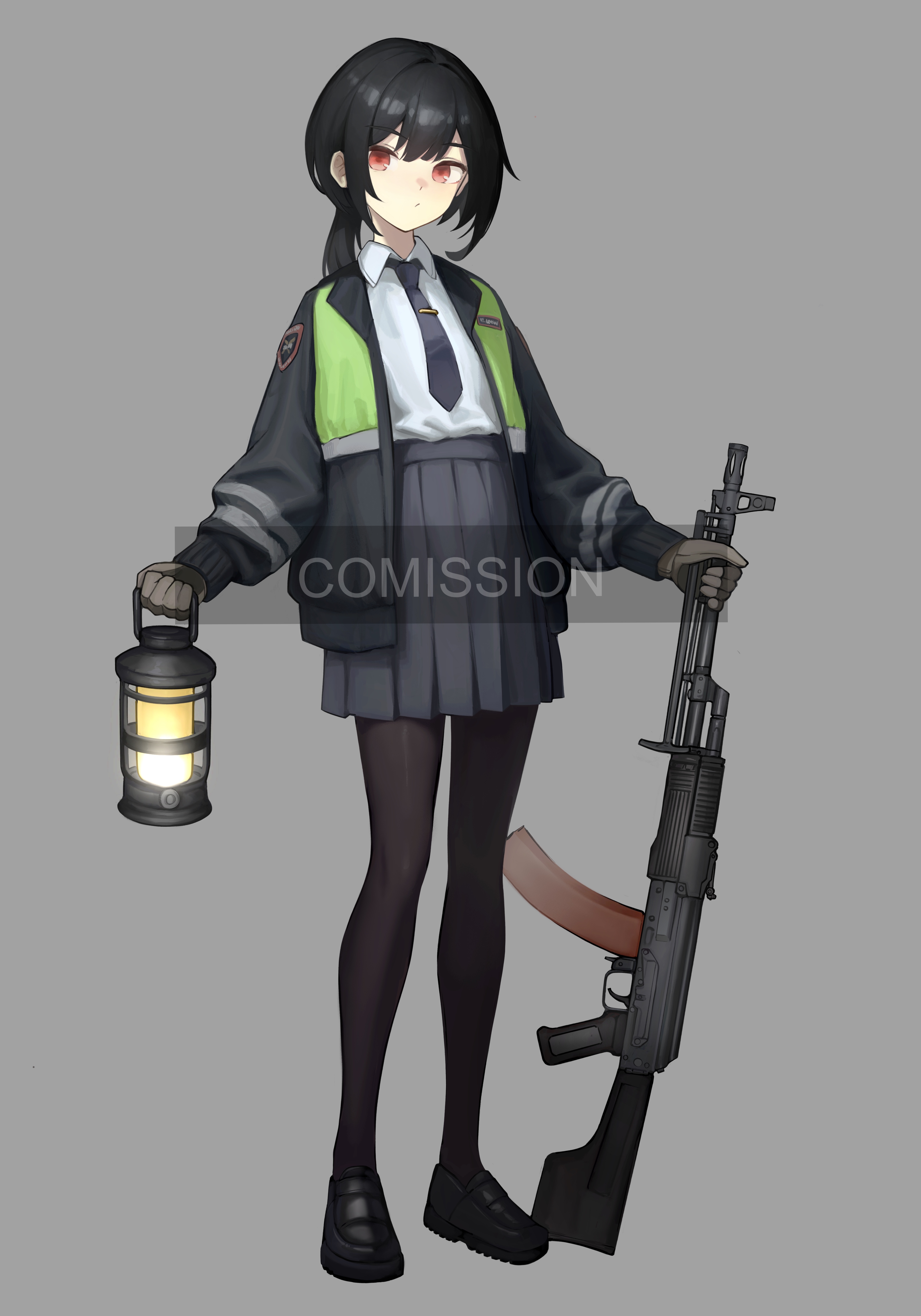 1girl absurdres bipod black_hair black_pantyhose blue_necktie blue_skirt brown_gloves collar commission english_text gloves grey_background grey_jacket gun highres holding holding_gun holding_lantern holding_weapon jacket jerry_wang kalashnikov_rifle lantern light_machine_gun loafers machine_gun magazine_(weapon) medium_hair multicolored_jacket muzzle_device name_tag necktie open_clothes open_jacket original pantyhose partially_fingerless_gloves patch pleated_skirt ponytail red_eyes rpk-74 shirt_tucked_in shoes sidelocks simple_background skirt solo standing striped_sleeves tie_clip watermark weapon white_collar yellow_jacket