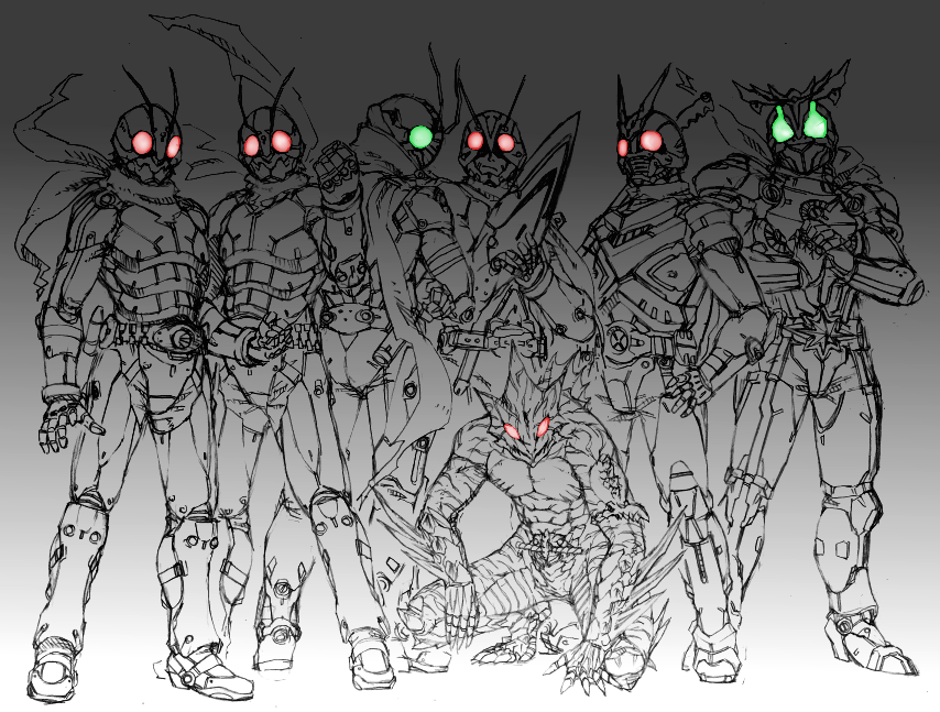 6+boys antennae belt glowing glowing_eyes greyscale kamen_rider kamen_rider_(1st_series) kamen_rider_1 kamen_rider_2 kamen_rider_amazon kamen_rider_amazon_(series) kamen_rider_stronger kamen_rider_stronger_(series) kamen_rider_v3 kamen_rider_v3_(series) kamen_rider_x kamen_rider_x_(series) male_focus monochrome multiple_boys nakano_haito riderman scarf