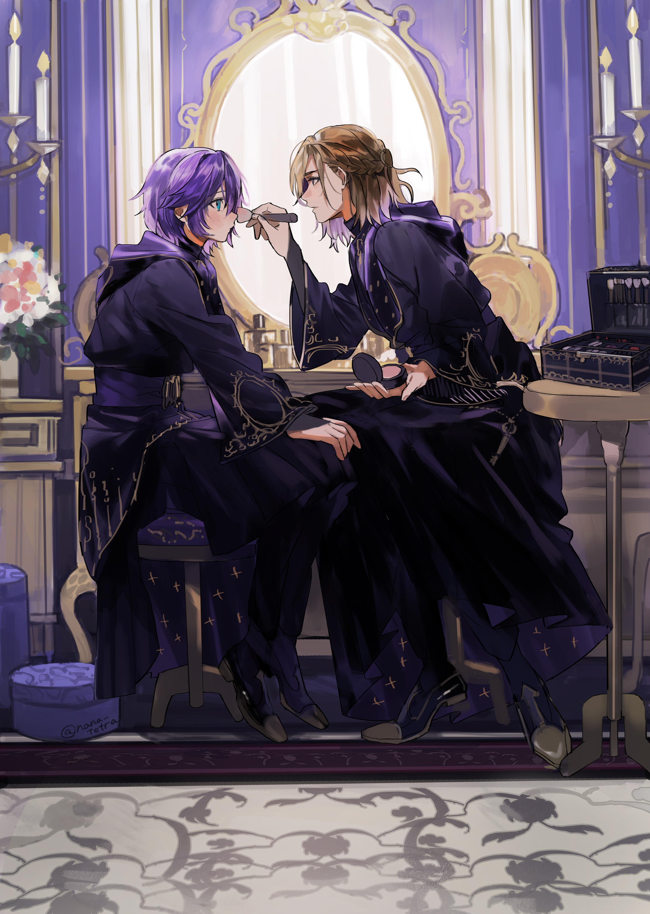 2boys absurdres androgynous applying_makeup blonde_hair blue_eyes blush braid candle candlelight carpet commentary_request epel_felmier flower full_body hands_on_own_knees highres holding holding_brush hooded_robe indoors legs_together looking_at_another male_focus medium_hair mirror multiple_boys nana_tetra pants plant purple_hair purple_pants purple_robe purple_shoes robe shoes short_hair twisted_wonderland twitter_username vil_schoenheit wide_sleeves