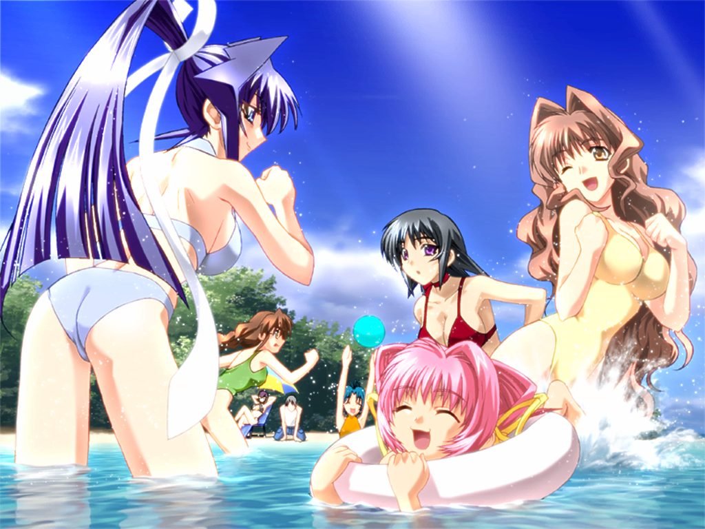 1boy 5pb. 6+girls ass ayamine_kei beach bikini black_hair blue_eyes blue_hair bou_(inubou) braid breasts brown_eyes brown_hair choker cleavage closed_eyes day game_cg glasses innertube jinguuji_marimo kouzuki_yuuko large_breasts long_hair medium_breasts mitsurugi_meiya multiple_girls muv-luv non-web_source one-piece_swimsuit one_eye_closed outdoors pink_hair ponytail purple_eyes sakaki_chizuru shirogane_takeru short_hair swim_ring swimsuit tamase_miki wink yoroi_mikoto