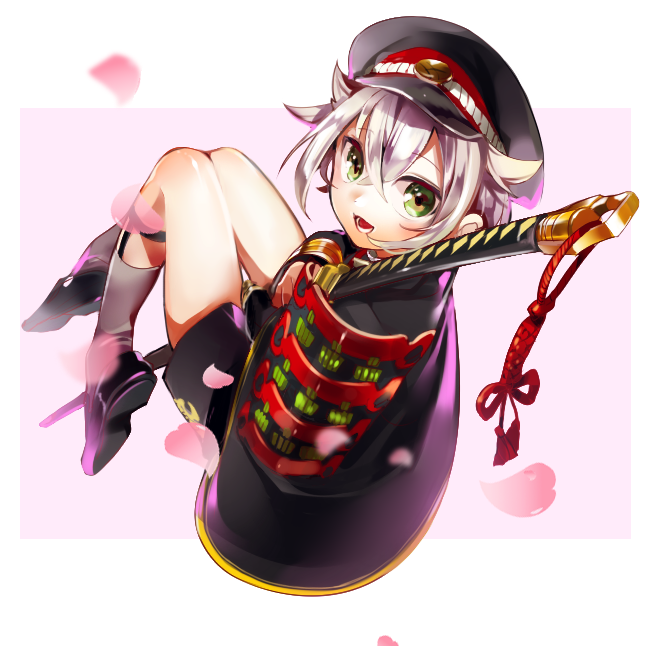 10s 1boy armor cape full_body green_eyes grey_socks hat hotarumaru japanese_armor kneehighs legwear_garter looking_back male_focus masyu_yuyu open_mouth personification petals shoulder_armor simple_background smile socks sode solo touken_ranbu white_hair