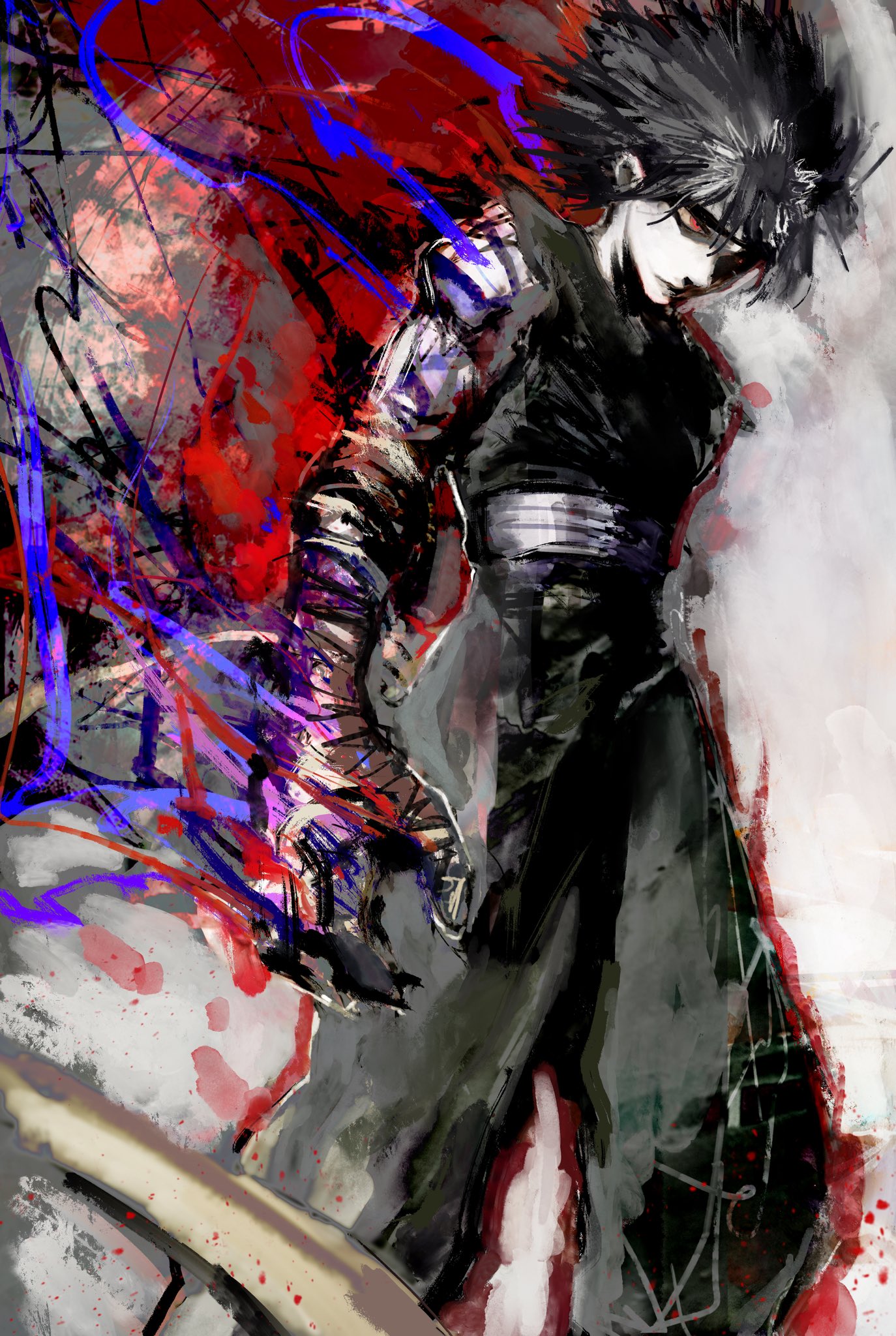 1boy aura black_hair black_jumpsuit dark_aura dougi feet_out_of_frame fire flaming_hand full_body headband hiei_(yu_yu_hakusho) highres jumpsuit kyezzzz male_focus pale_skin purple_fire pyrokinesis red_eyes sash serious short_hair sleeveless_jumpsuit solo spiked_hair white_headband white_sash yuu_yuu_hakusho
