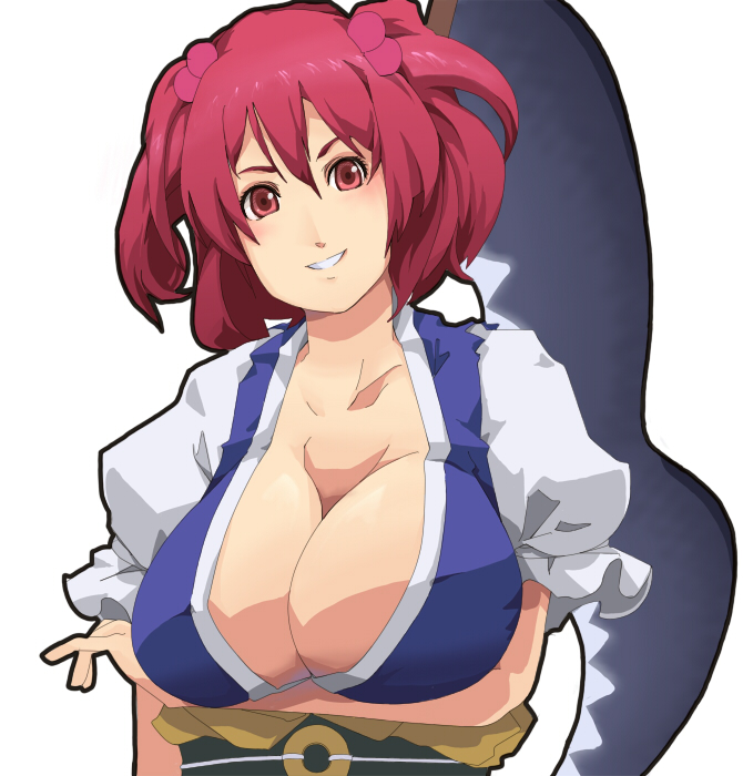 1girl arm_under_breasts black_sash blue_vest breasts coin coin_on_string commentary_request grin hair_bobbles hair_ornament hutene large_breasts looking_at_viewer medium_hair obi obijime onozuka_komachi red_eyes red_hair sash scythe shirt simple_background smile solo touhou two_side_up upper_body vest white_background white_shirt