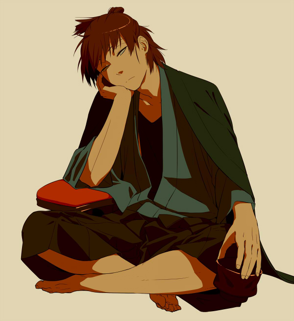 1boy barefoot black_hakama brown_hair dark-skinned_male dark_skin full_body green_kimono hakama hakama_shorts hand_on_own_knee indian_style japanese_clothes kimono kyousai leuco male_focus nurarihyon_no_mago shorts simple_background sitting solo