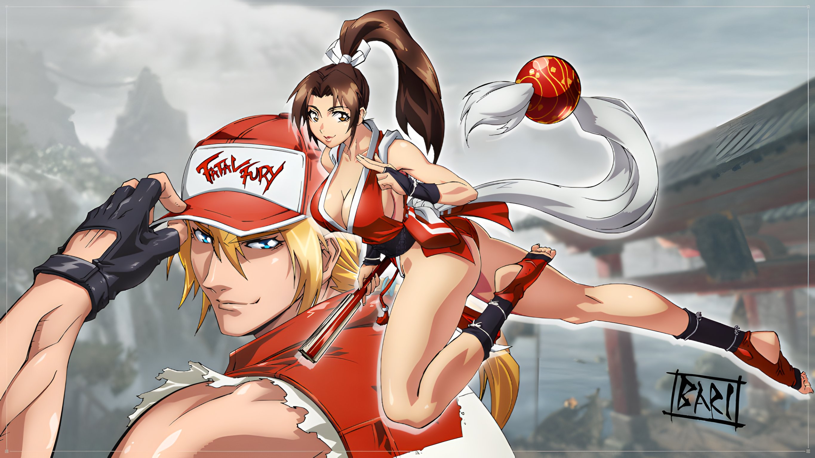 1boy 1girl ass bare_legs bare_shoulders baseball_cap black_gloves blonde_hair blue_eyes blurry blurry_background breasts brown_eyes brown_hair cleavage closed_mouth commentary_request fatal_fury fingerless_gloves full_body gloves hair_ornament hand_fan hat hat_tip high_ponytail highres holding holding_fan jacket kneepits kuji-in large_breasts legs long_hair looking_at_viewer ninja oobari_masami parted_lips ponytail red_jacket revealing_clothes sash shiranui_mai shirt signature sleeveless sleeveless_jacket sleeveless_shirt smile terry_bogard thighs toeless_socks torn_clothes torn_shirt upper_body