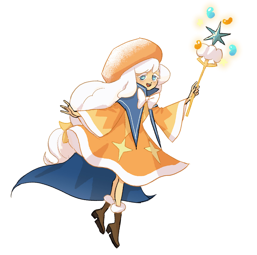 1girl blue_cape blue_eyes bow brown_footwear cape colored_eyelashes cookie_run cookie_run:_kingdom cream_puff_cookie full_body hat holding holding_wand long_sleeves looking_at_viewer open_mouth orange_hat orange_robe robe simple_background solo tamtamdi wand white_background white_bow white_hair wide_sleeves