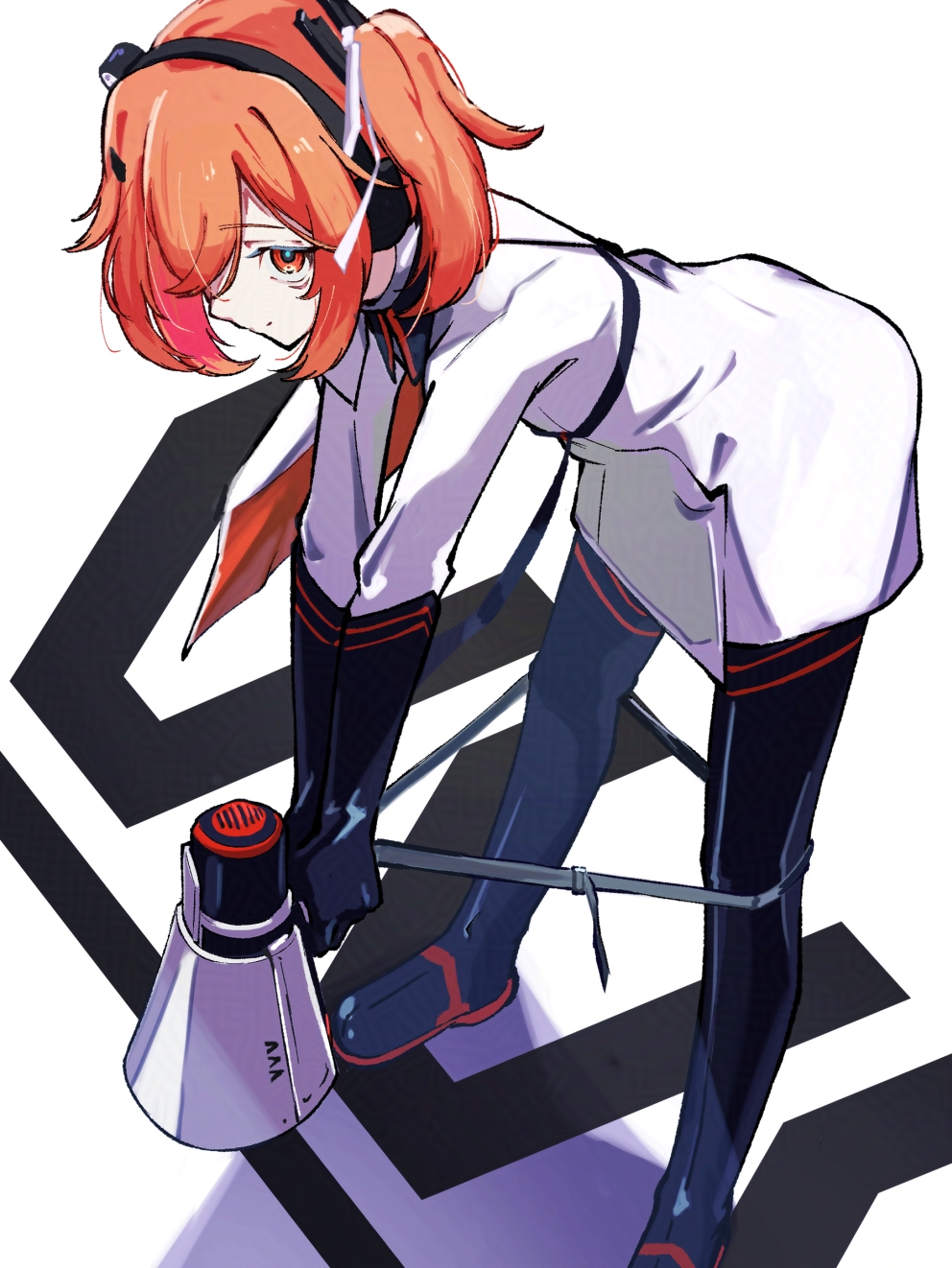 1girl a.i._voice adachi_rei bent_over black_boots black_gloves blue_pupils boots closed_mouth commentary_request dress elbow_gloves foot_out_of_frame gloves glowing glowing_eyes hair_ribbon headlamp headphones highres holding holding_megaphone latex latex_gloves long_sleeves looking_at_viewer megaphone necktie official_alternate_costume one_side_up orange_eyes orange_hair orange_necktie profile radio_antenna ribbon shadow short_dress short_hair simple_background smile solo standing teckinder thigh_boots utau white_background white_dress white_ribbon