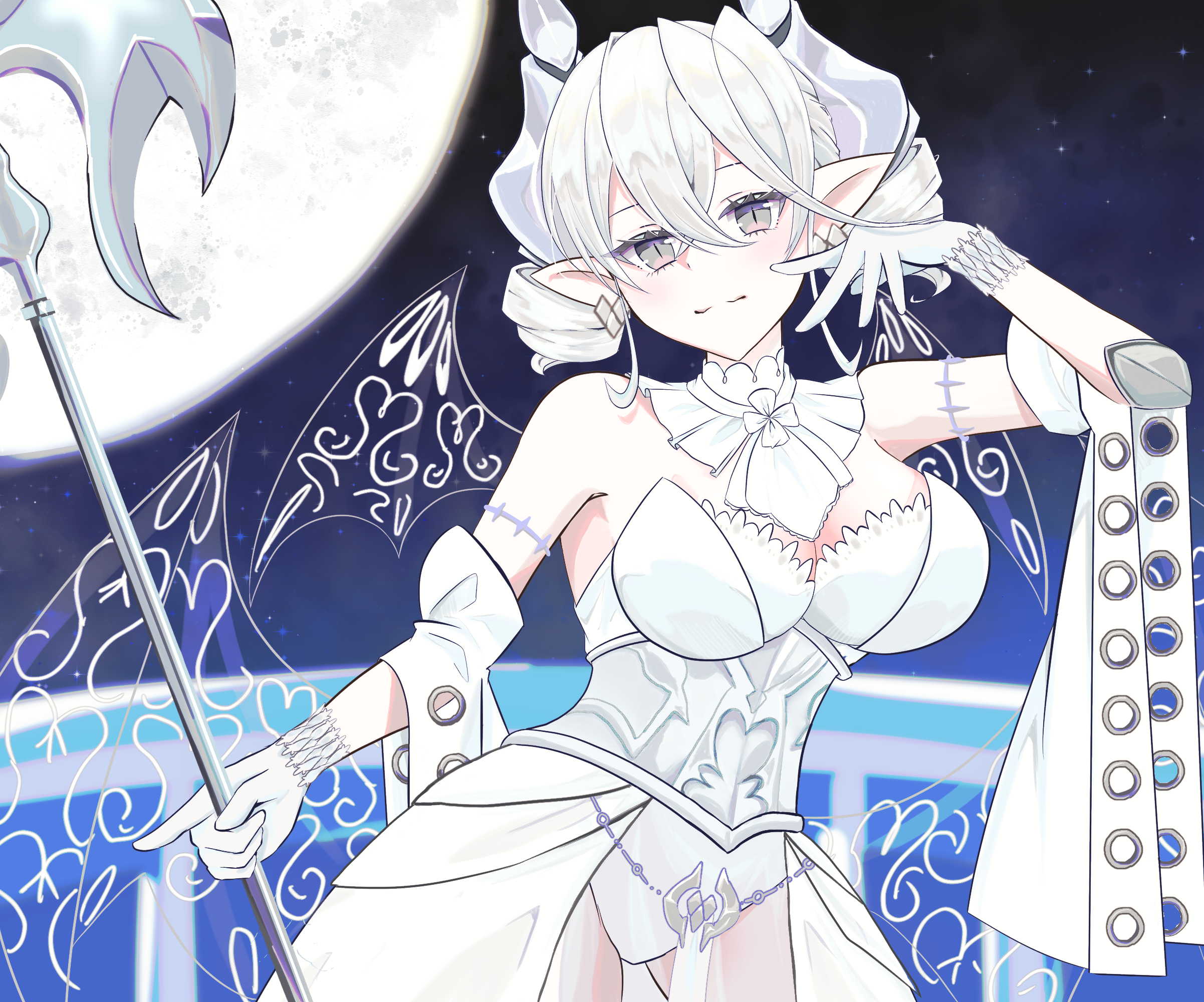1girl armored_corset balcony bardiche_(weapon) breasts cleavage collar commentary_request corset cowboy_shot crossed_bangs demon_girl demon_horns demon_wings dress drill_hair duel_monster earrings gloves grey_eyes hair_between_eyes hand_up highres holding holding_weapon horns jewelry large_breasts looking_at_viewer lovely_labrynth_of_the_silver_castle low_wings moon multiple_wings night night_sky pointing pointing_down pointy_ears polearm short_hair short_sleeves sira_tise sky sleeveless sleeveless_dress slit_pupils split_mouth transparent_wings twin_drills twintails weapon white_collar white_corset white_dress white_gloves white_hair white_sleeves wide_sleeves wings yu-gi-oh!