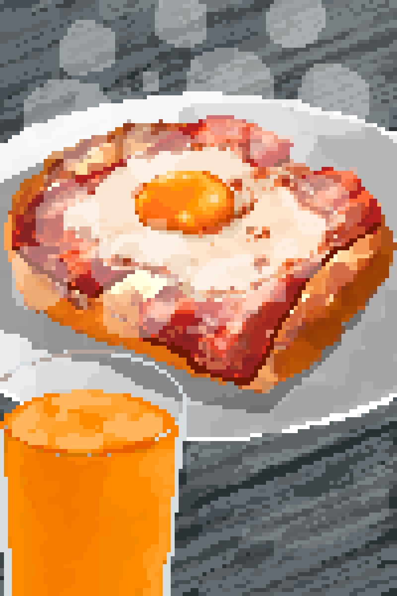 bacon bread bread_slice breakfast cup drinking_glass egg_yolk food food_focus fried_egg fried_egg_on_toast highres hisachan55cute juice no_humans on_table orange_juice original pixel_art plate simple_background steaming_food still_life table toast wooden_table