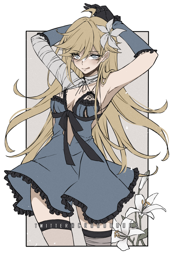 1girl :q ahoge armpits arms_behind_head arms_up bandaged_arm bandages blonde_hair blue_eyes blue_negligee breasts commentary cosplay cowboy_shot criis-chan flower frills gloves hair_between_eyes hair_flower hair_ornament kaine_(nier) kaine_(nier)_(cosplay) lily_(flower) long_hair looking_at_viewer medium_breasts nier nier_(series) panty_&amp;_stocking_with_garterbelt panty_(psg) simple_background smile solo thigh_strap tongue tongue_out twitter_username very_long_hair