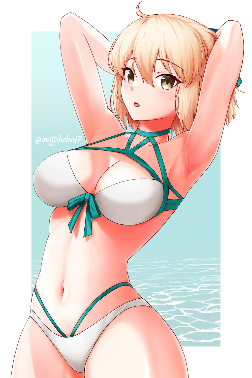 1girl armpits arms_behind_head bikini blonde_hair breasts cleavage commentary english_commentary fate/grand_order fate_(series) green_eyes highres large_breasts looking_at_viewer motokebo17 navel okita_j._souji_(fate) okita_j._souji_(third_ascension)_(fate) okita_souji_(fate) simple_background solo stomach swimsuit thighs twitter_username white_background white_bikini