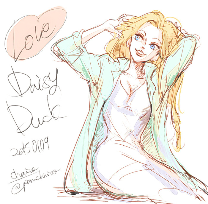 1girl blonde_hair chai_5 character_name daisy_duck dress english_text humanization jacket long_hair long_sleeves looking_at_viewer mickey_mouse_&amp;_friends open_mouth personification shirt smile solo tagme very_long_hair