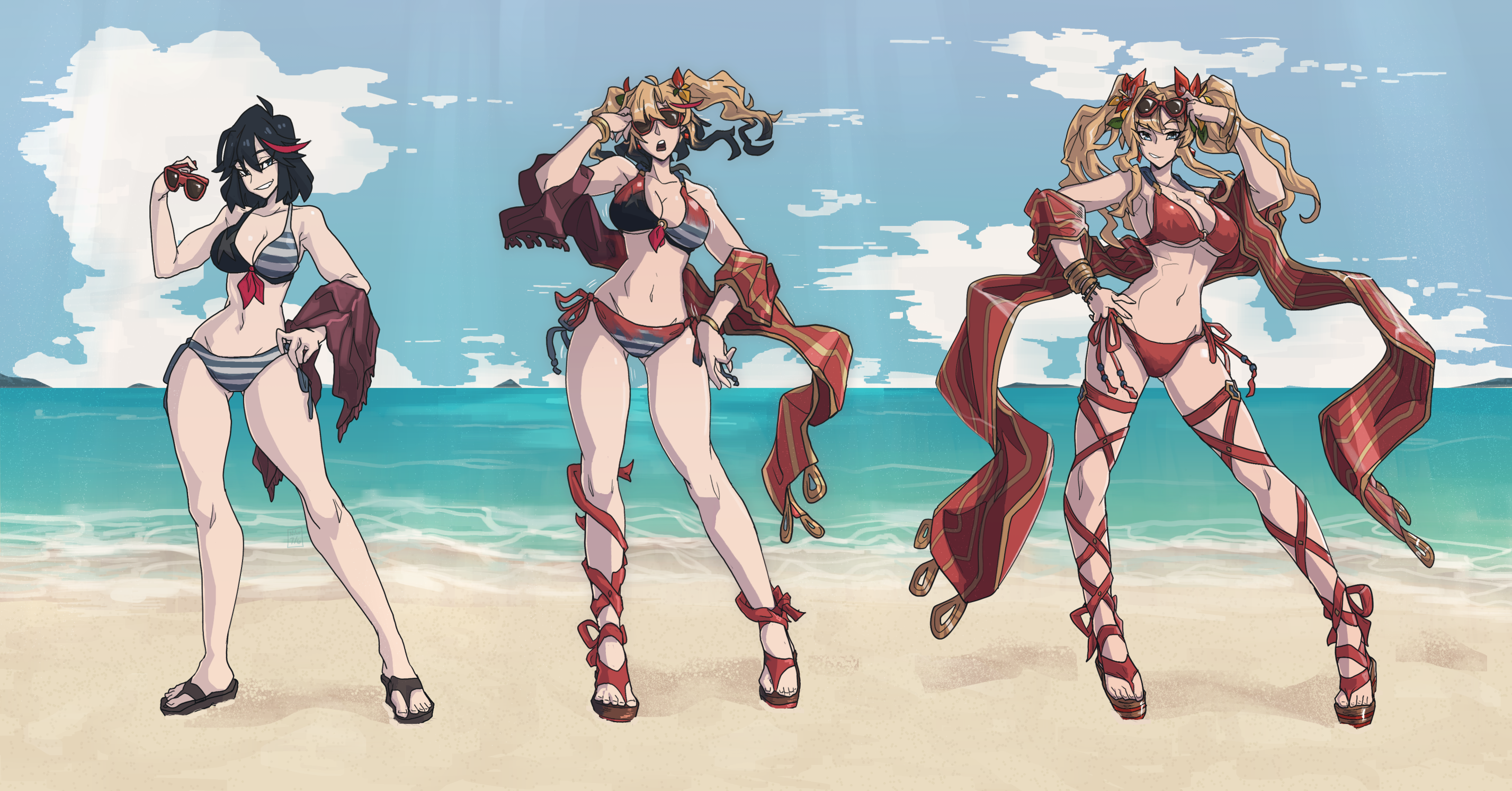 2girls adjusting_eyewear beach bikini black_footwear black_hair blue_bikini bow bracelet breasts cloud collarbone colored_tips commentary english_commentary eyewear_on_head flip-flops gluteal_fold granblue_fantasy hair_bow hand_on_eyewear hand_on_own_hip high_heel_sandals highres holding holding_removed_eyewear jewelry kamuify kill_la_kill looking_at_viewer matoi_ryuuko medium_breasts midriff multicolored_hair multiple_girls navel ocean official_alternate_costume open_mouth parted_lips red_bikini red_bow red_footwear sandals sequential short_hair smile smirk streaked_hair striped_bikini striped_clothes sunglasses swimsuit transformation twintails unworn_eyewear zeta_(granblue_fantasy) zeta_(summer)_(granblue_fantasy)