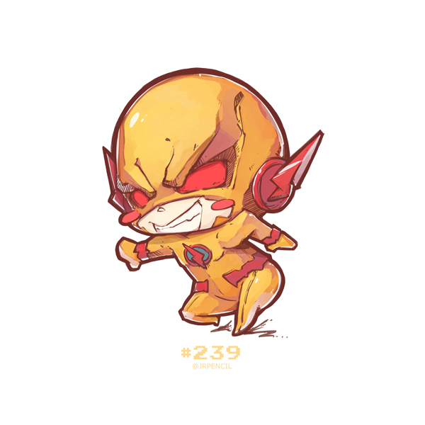 1boy artist_name blush bodysuit chibi dc_comics flash_(series) gloves jrpencil male_focus professor_zoom red_eyes reverse_flash simple_background solo teeth the_flash_(series) white_background