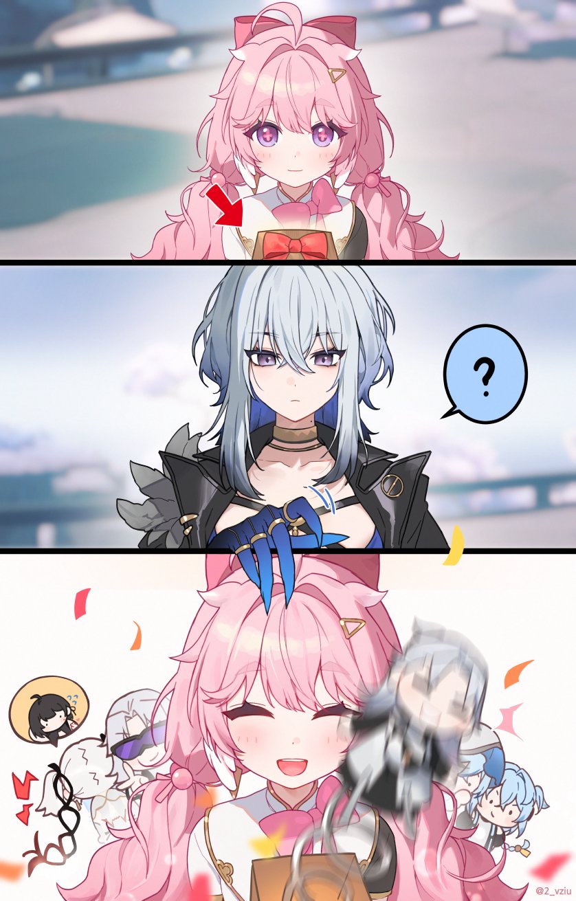 1boy 5girls :d ? aalto_(wuthering_waves) ahoge blue_hair bow buling_(wuthering_waves) camellya_(wuthering_waves) closed_eyes closed_mouth collarbone commentary confetti encore_(wuthering_waves) english_commentary female_rover_(wuthering_waves) galbrena_(wuthering_waves) game_screenshot_background gold_choker grey_hair hair_between_eyes hair_bow hair_intakes hair_ornament highres jack-in-the-box low_twintails multiple_girls open_mouth pink_bow pink_hair purple_eyes rover_(wuthering_waves) screenshot_background shorekeeper_(wuthering_waves) smile spoken_question_mark sunglasses thick_eyebrows twintails twitter_username wuthering_waves zua_(2vziu)