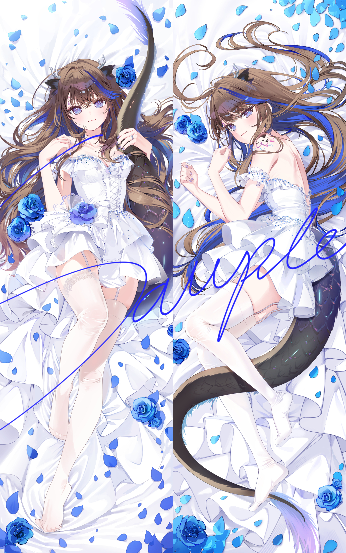 1girl a20_(atsumaru) airi_kanna blue_flower blue_hair blue_rose brown_hair closed_mouth dakimakura_(medium) dragon_girl dragon_horns dragon_tail dress dress_flower flower garter_straps hands_up highres horns hugging_own_tail hugging_tail long_hair looking_at_viewer lying multicolored_hair on_back on_side rose sample_watermark short_sleeves smile stellive streaked_hair tail thighhighs virtual_youtuber watermark white_dress white_thighhighs